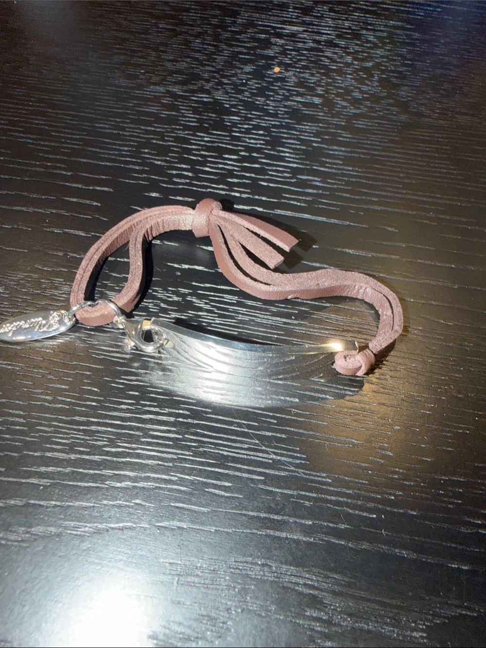 Brown  Leather  Cord Bracelet with Silver tone Bar